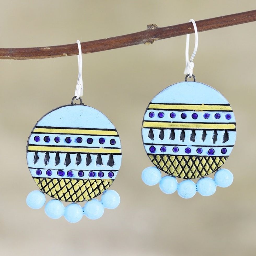 Hand Made Blue Ceramic Dangle Earrings from India 'Sky Blue Baubles'