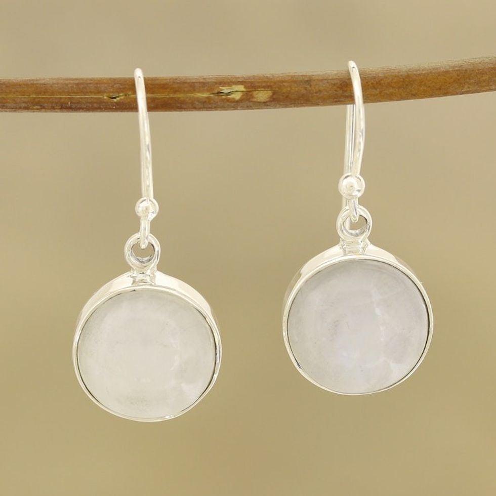 Round Rainbow Moonstone Dangle Earrings from India 'Rainbow Domes'