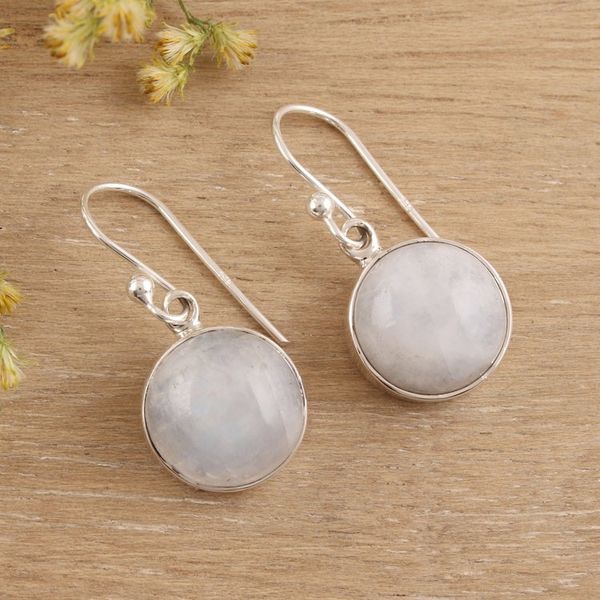 Alternate image for Round Rainbow Moonstone Dangle Earrings from India Rainbow Domes