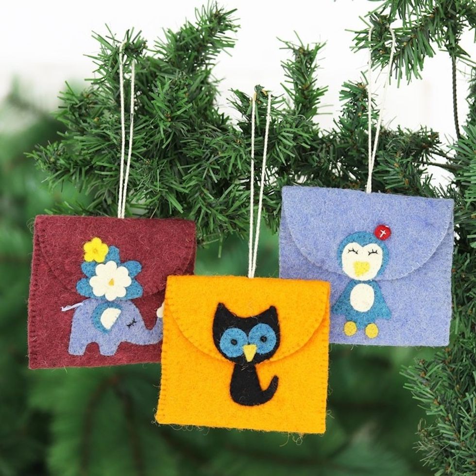 Unique Wool Felt Ornaments from India Set of 3 'Sent With Love'