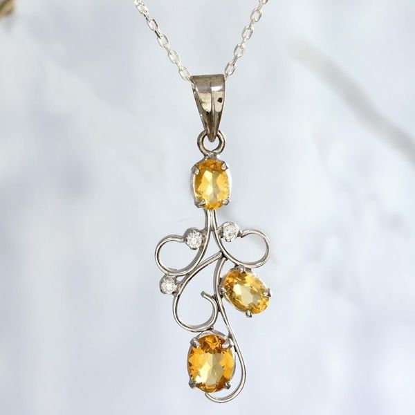 Alternate image for Citrine Sterling Silver Bud on Vine Motif Pendant Necklace Delicate Tendrils