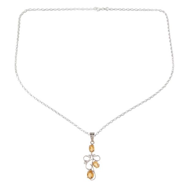 Alternate image for Citrine Sterling Silver Bud on Vine Motif Pendant Necklace Delicate Tendrils