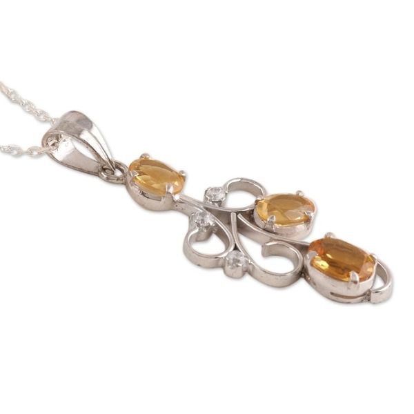 Alternate image for Citrine Sterling Silver Bud on Vine Motif Pendant Necklace Delicate Tendrils