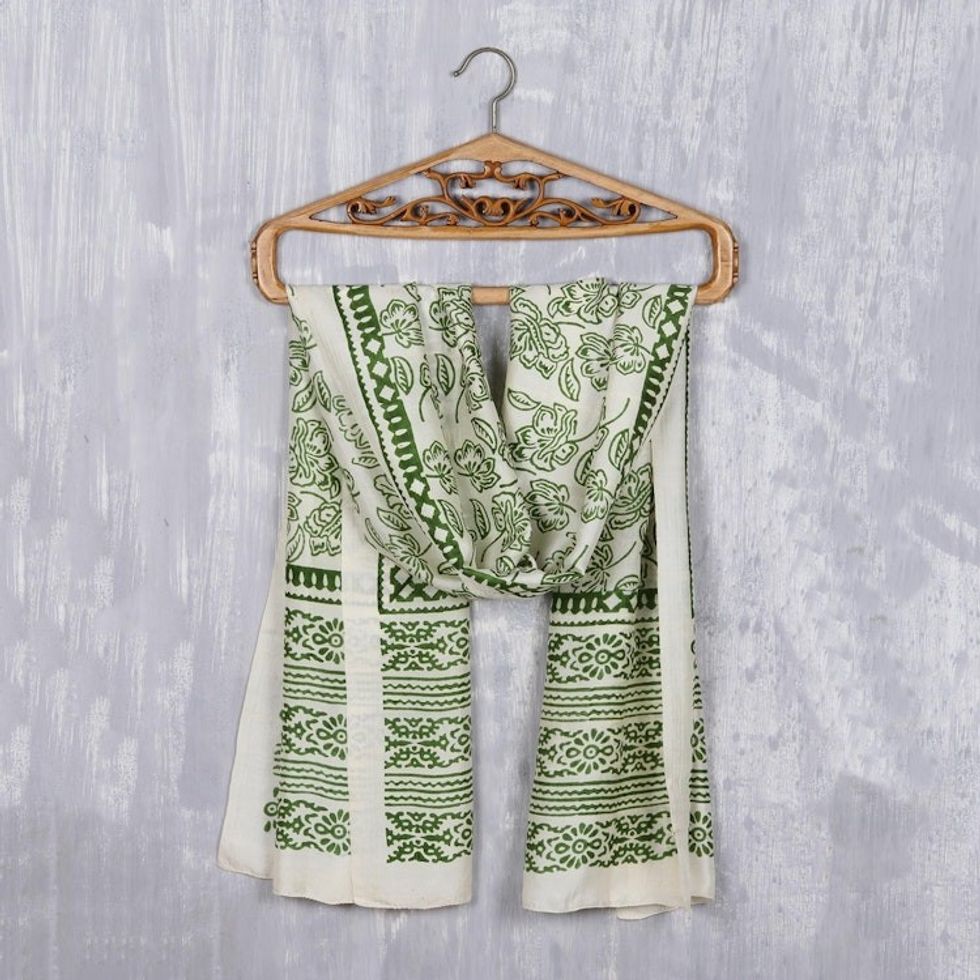Block-Printed Avocado Floral Motif Silk Scarf from India 'Avocado Bouquet'