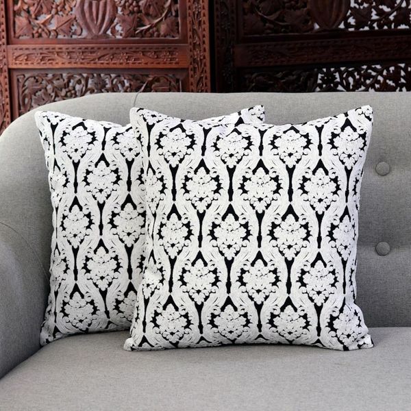 Alternate image for Embroidered Cotton Cushion Covers from India Pair Midnight Trellis