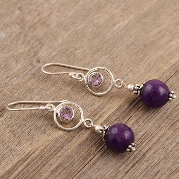 Alternate image for Handmade Agate and Amethyst Dangle Earrings from India Purple Chill