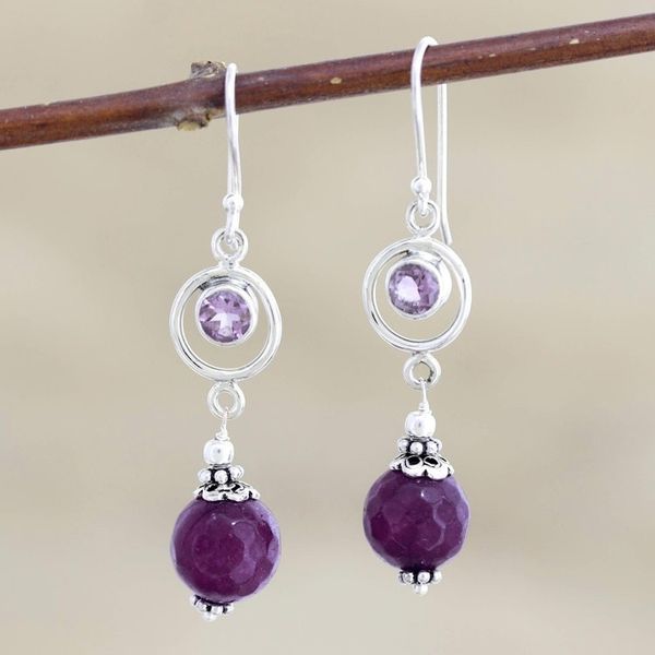 Alternate image for Handmade Agate and Amethyst Dangle Earrings from India Purple Chill