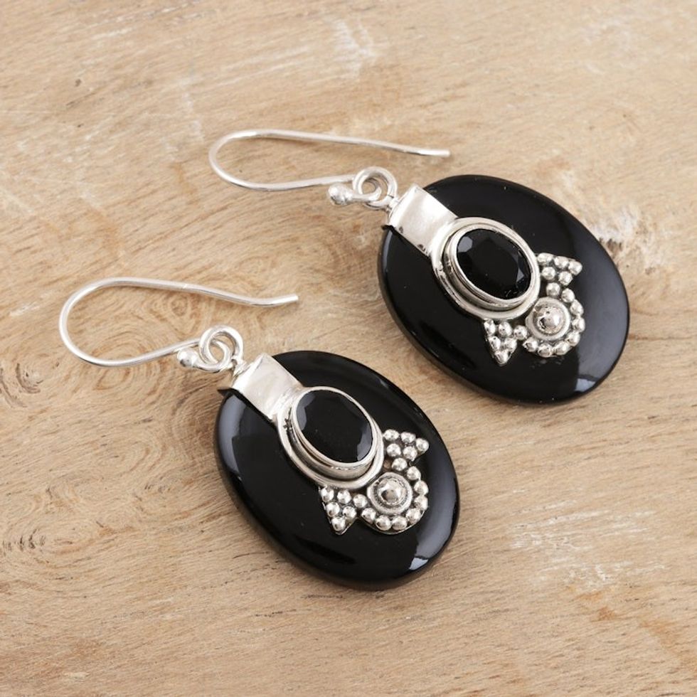 Black Onyx Sterling Silver Dangle Earrings 'Midnight Crown'