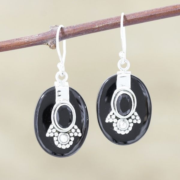 Alternate image for Black Onyx Sterling Silver Dangle Earrings Midnight Crown