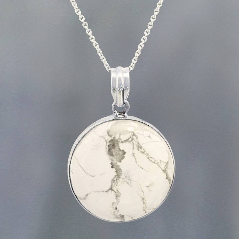 Howlite Cabochon Pendant Necklace from India 'White Planet'