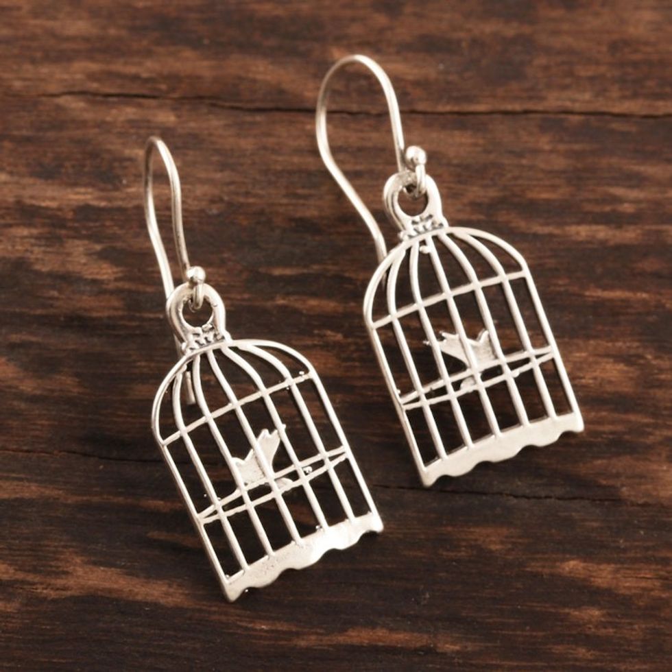 Artisan Crafted Bird and Birdcage Sterling Silver Earrings 'Caged Bird'