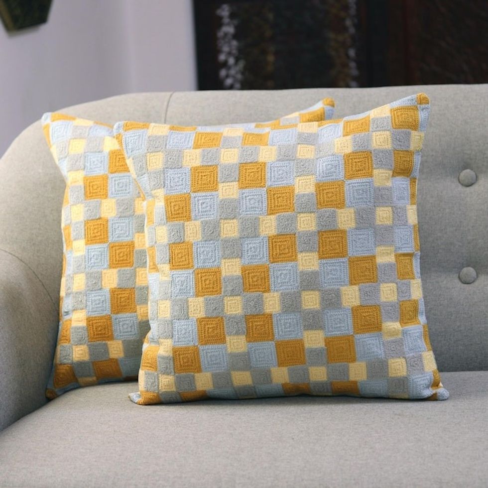 Square Embroidered Cotton Cushion Covers from India Pair 'Square Illusion'