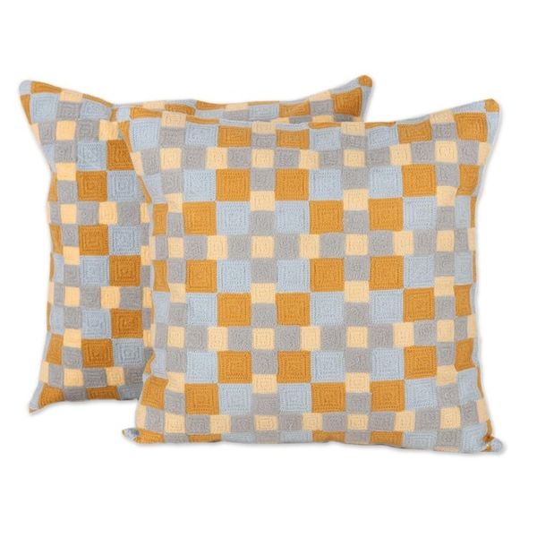 Alternate image for Square Embroidered Cotton Cushion Covers from India Pair Square Illusion