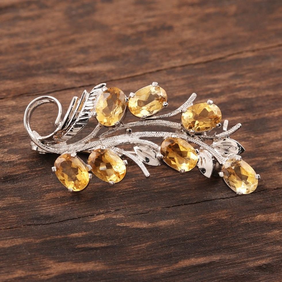 Rhodium Plated Sterling and Citrine Brooch Pin 'Brilliant Bouquet'