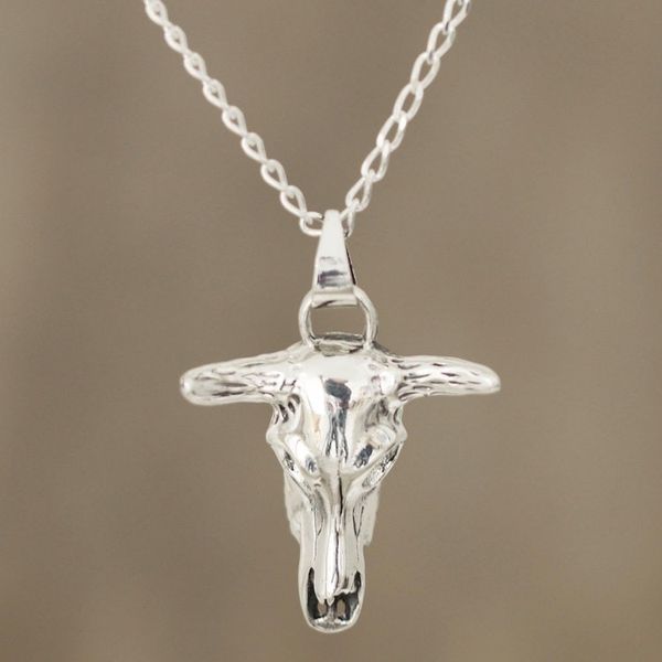 Alternate image for Sterling Silver Bull Skull Pendant Necklace from India Daring Bull