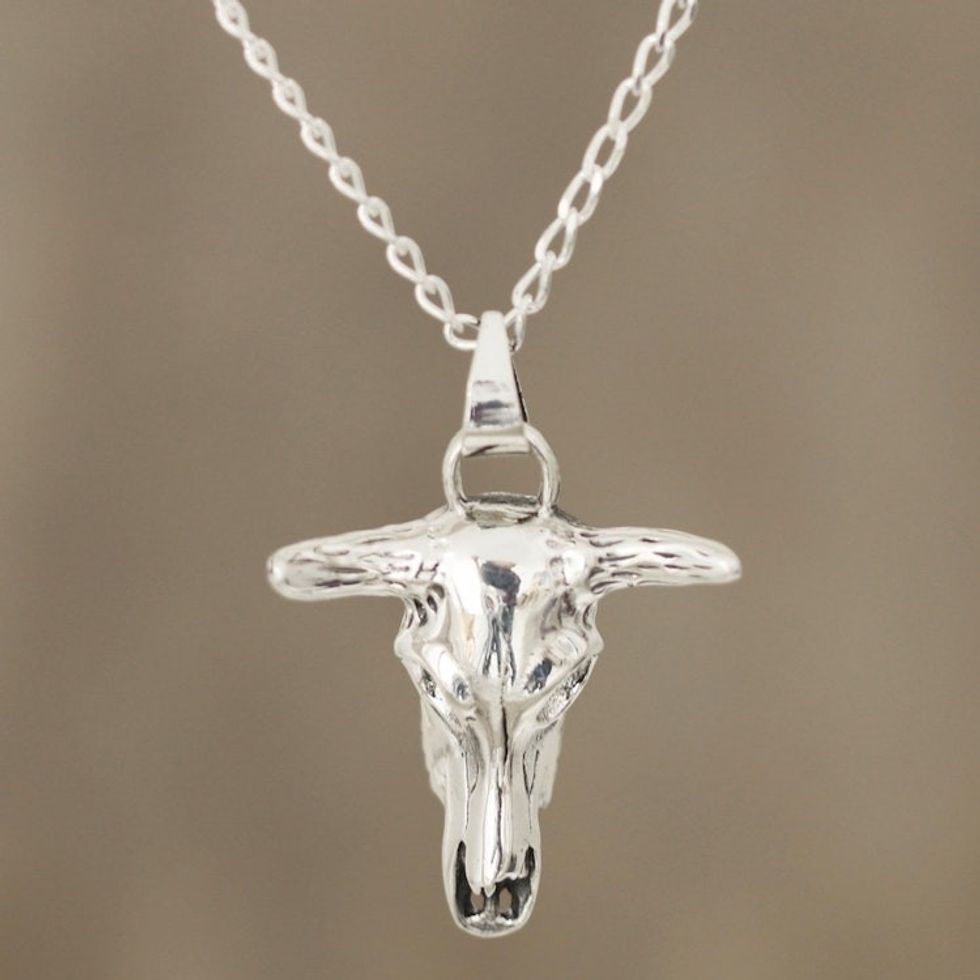 Sterling Silver Bull Skull Pendant Necklace from India 'Daring Bull'