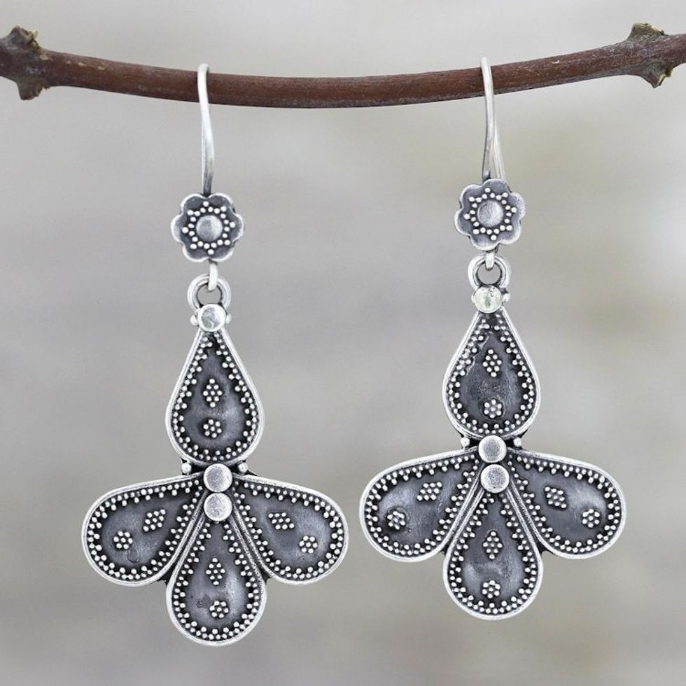 Teardrop Motif Sterling Silver Dangle Earrings from India 'Teardrop Composition'