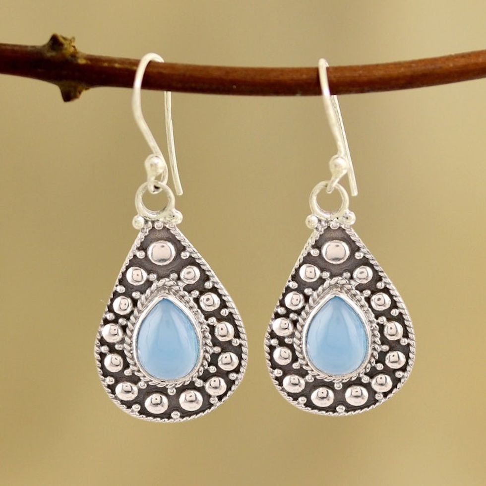 Teardrop Blue Chalcedony Dangle Earrings from India 'Lassoed Sky'