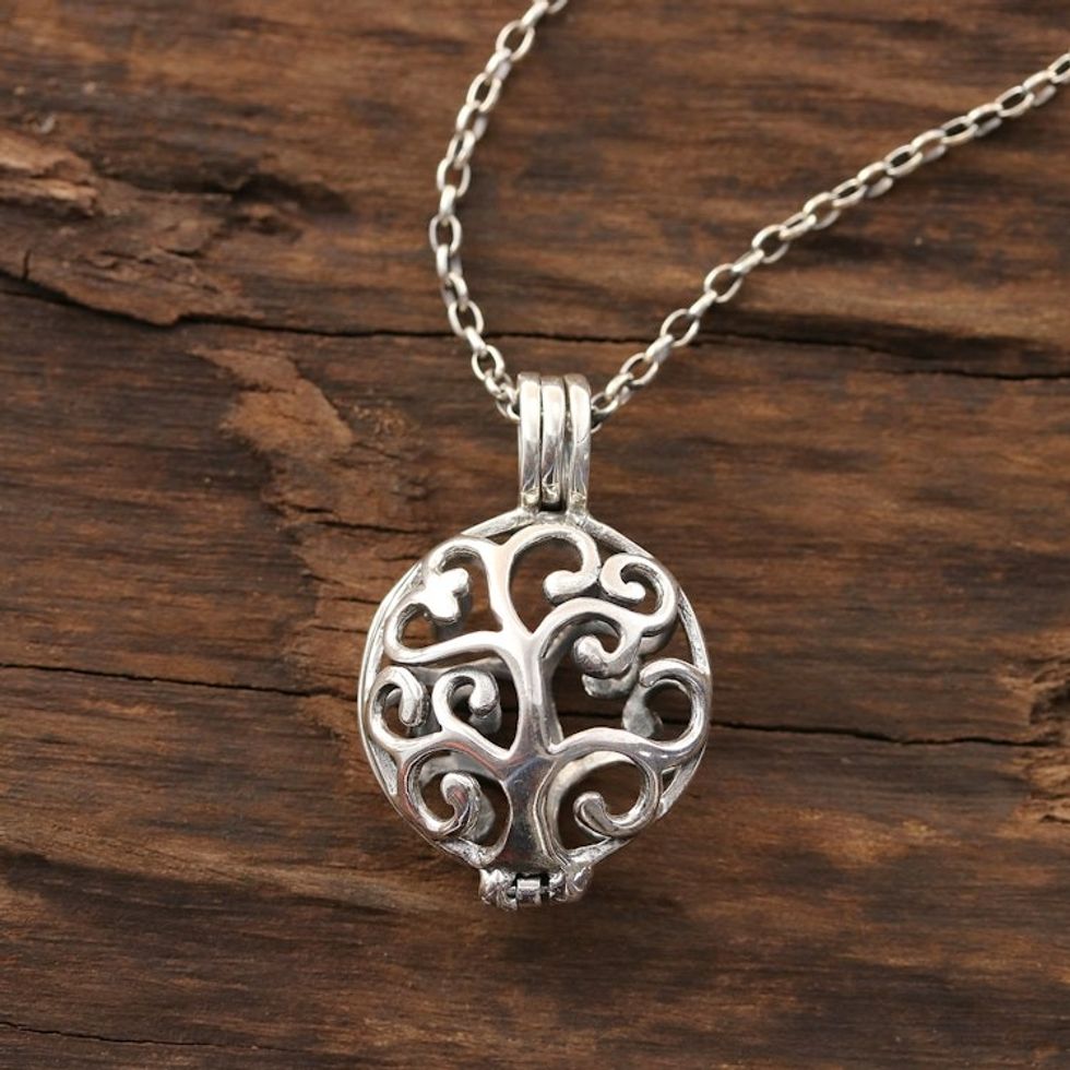 Curl Pattern Sterling Silver Locket Necklace from India 'Happy Curl'