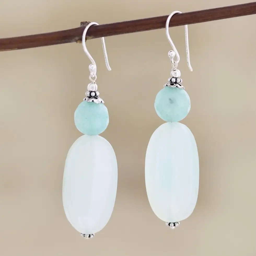 Hand Crafted Aqua Chalcedony Dangle Earrings 'Early Spring'