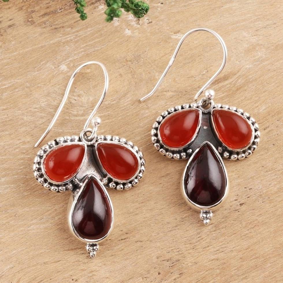 Teardrop Carnelian and Garnet Dangle Earrings from India 'Droplet Trios'