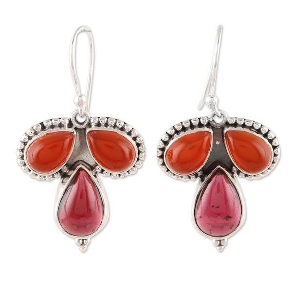 Alternate image for Teardrop Carnelian and Garnet Dangle Earrings from India Droplet Trios