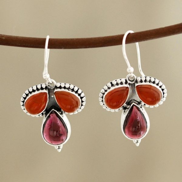 Alternate image for Teardrop Carnelian and Garnet Dangle Earrings from India Droplet Trios