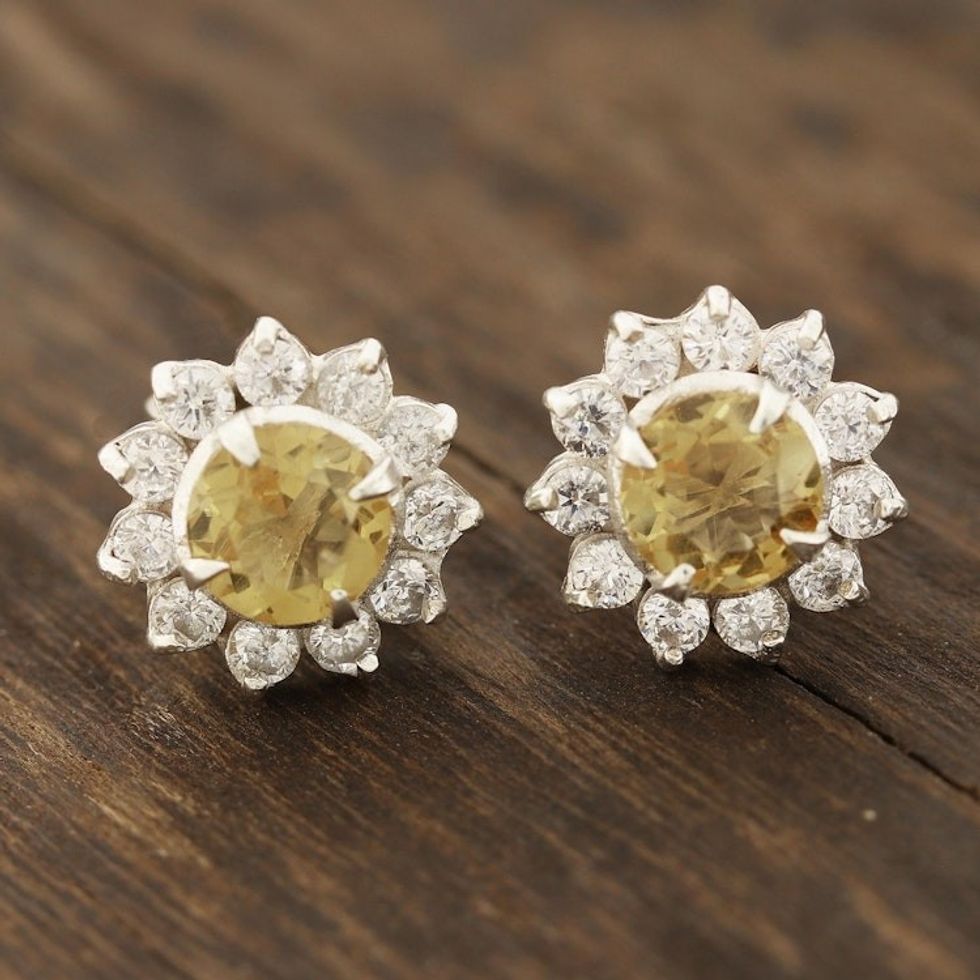 Floral Citrine Stud Earrings Crafted in India 'Gleaming Flower'