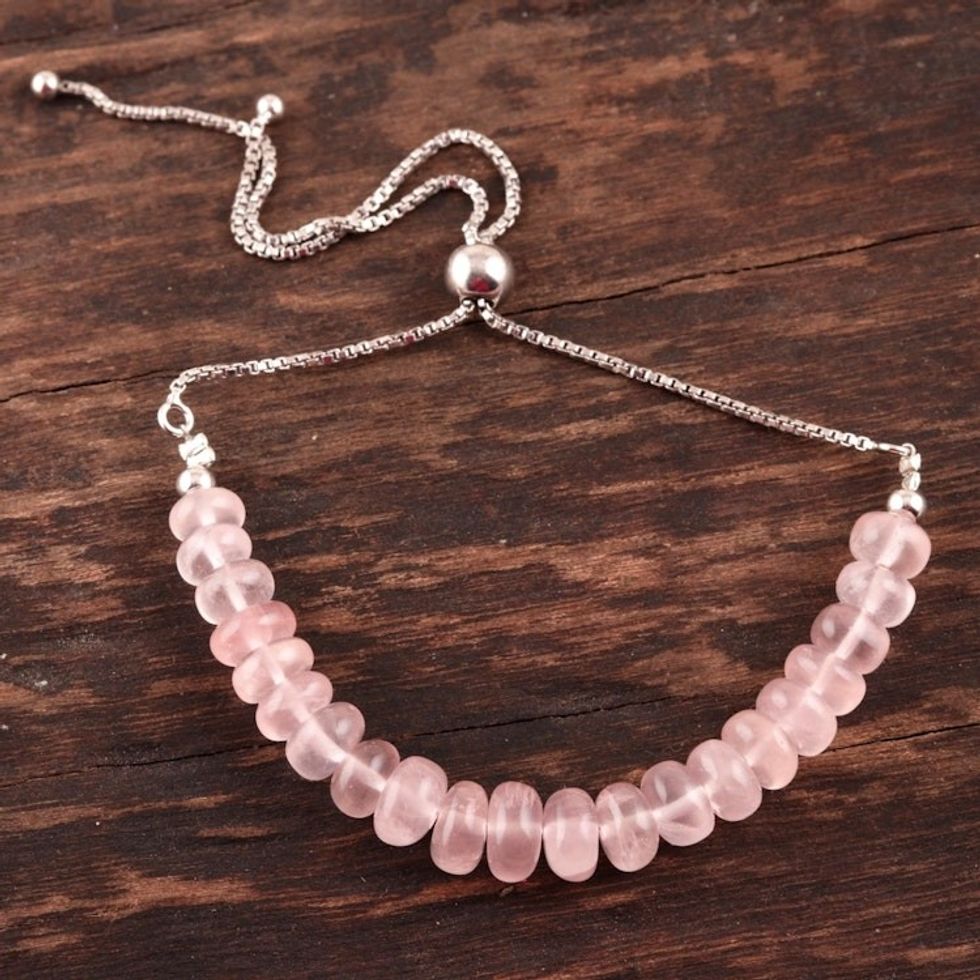 Rhodium Plated Rose Quartz Beaded Bracelet from India 'Passionate Charm'