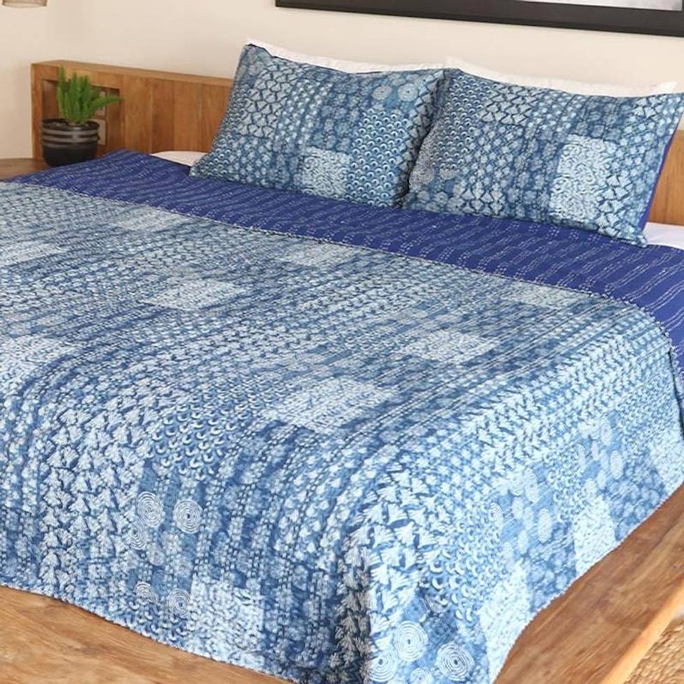 Blue and White Cotton Kantha Bedspread and Shams 3 Piece 'Kantha Charm in Blue'