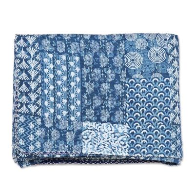Alternate image for Blue and White Cotton Kantha Bedspread and Shams 3 Piece Kantha Charm in Blue
