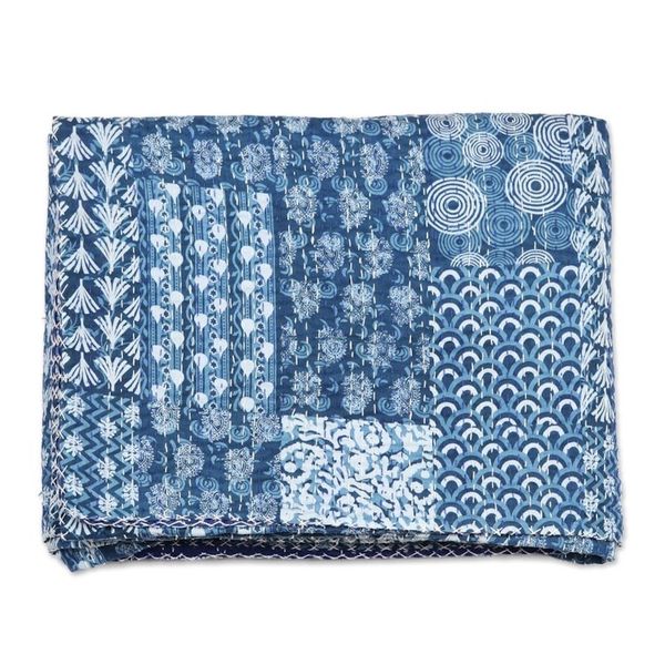 Alternate image for Blue and White Cotton Kantha Bedspread and Shams 3 Piece Kantha Charm in Blue