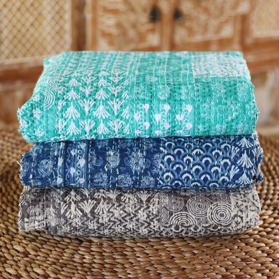 Alternate image for Blue and White Cotton Kantha Bedspread and Shams 3 Piece Kantha Charm in Blue