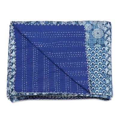 Alternate image for Blue and White Cotton Kantha Bedspread and Shams 3 Piece Kantha Charm in Blue