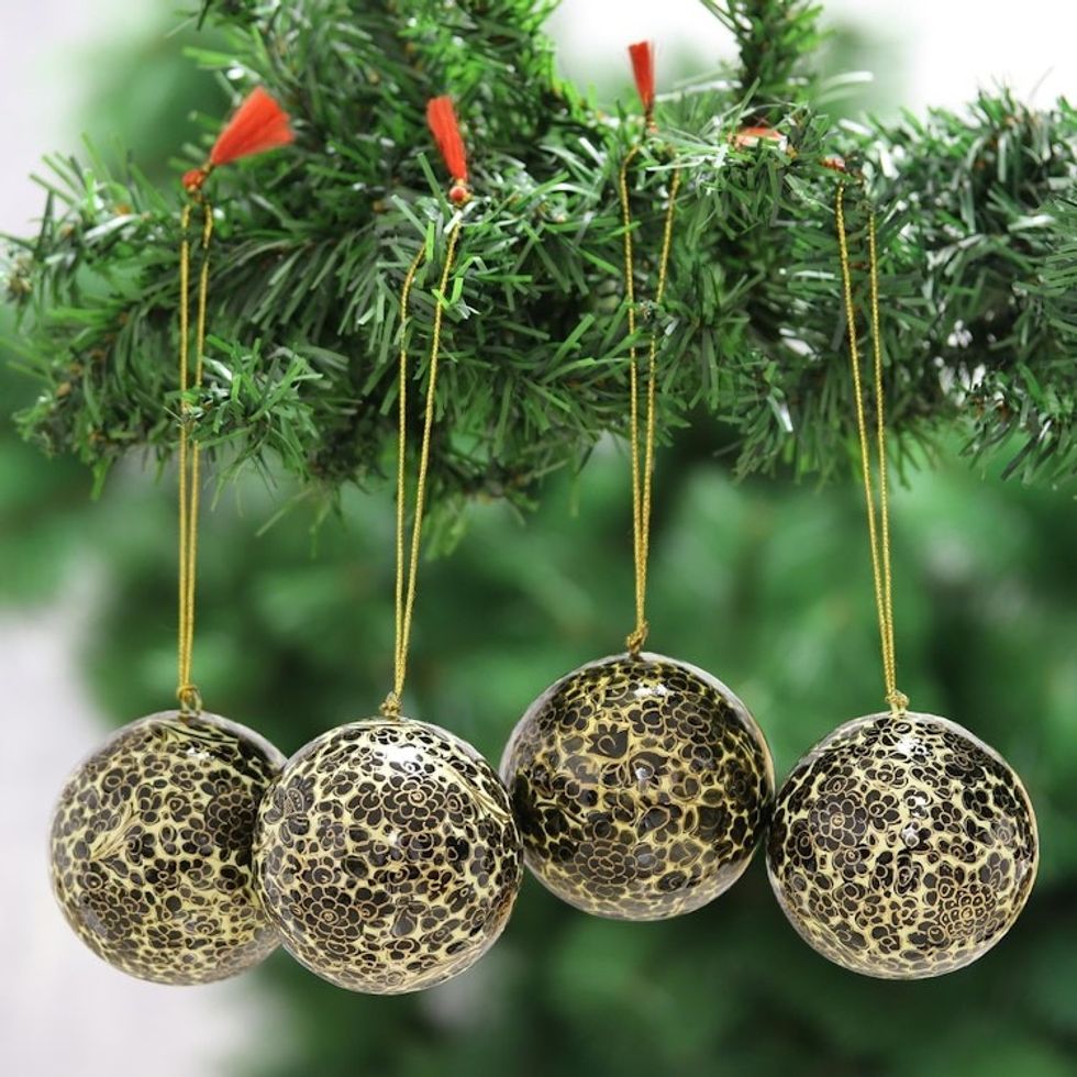 Black and Gold Floral Papier Mache Ornaments Set of 4 'Holiday Blossoms in Black'