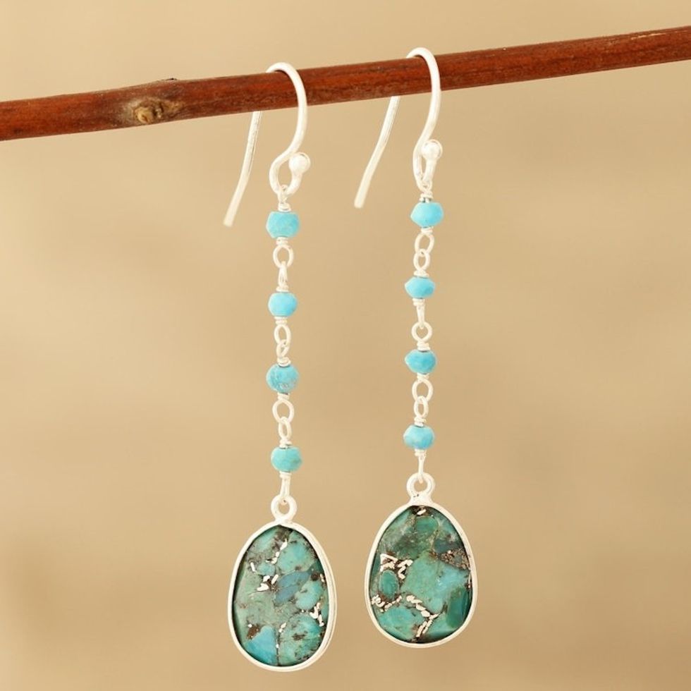 Composite Turquoise Link Dangle Earrings Crafted in India 'Raining Drops'