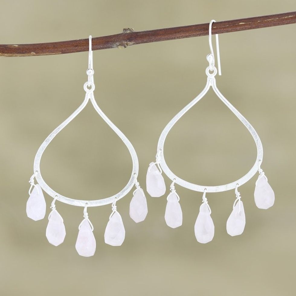 Sterling Silver and Rose Quartz Dangle Earrings from India 'Passion of Love'