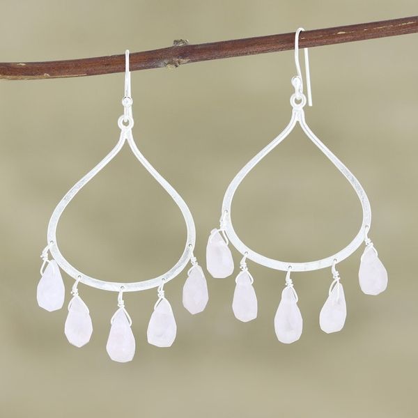 Alternate image for Sterling Silver and Rose Quartz Dangle Earrings from India Passion of Love