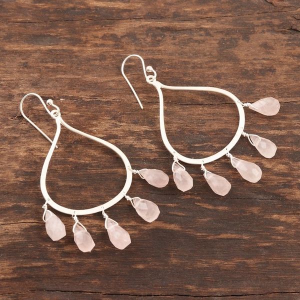 Alternate image for Sterling Silver and Rose Quartz Dangle Earrings from India Passion of Love