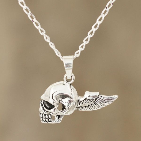 Alternate image for Mens Sterling Silver Winged Skull Necklace from India Skull Flight