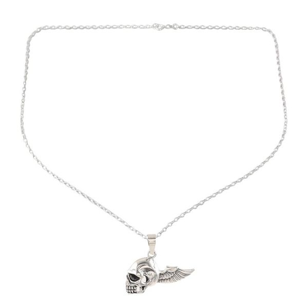 Alternate image for Mens Sterling Silver Winged Skull Necklace from India Skull Flight