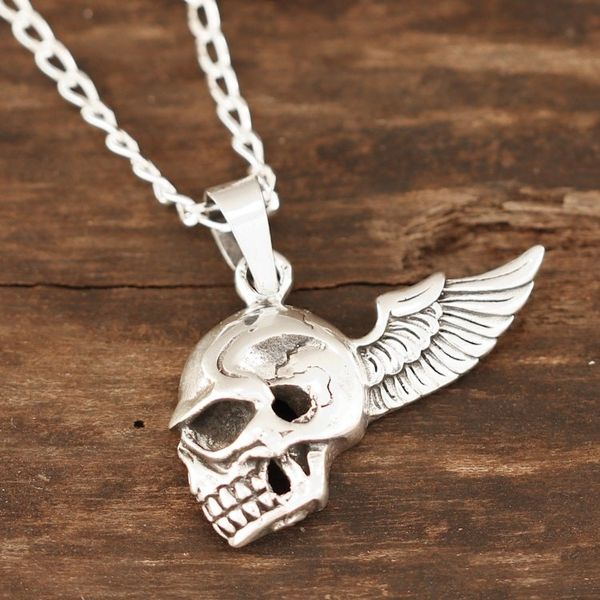 Alternate image for Mens Sterling Silver Winged Skull Necklace from India Skull Flight