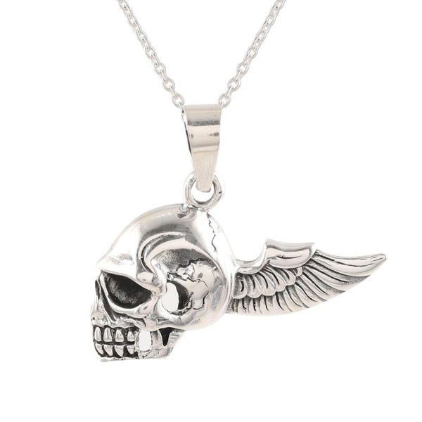 Alternate image for Mens Sterling Silver Winged Skull Necklace from India Skull Flight