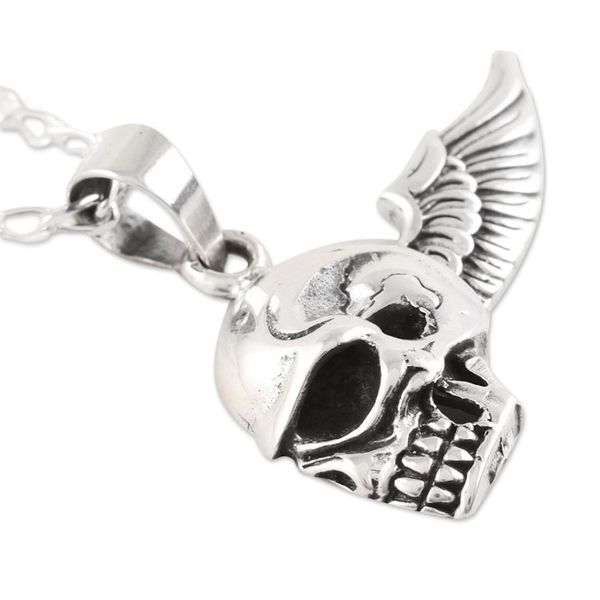 Alternate image for Mens Sterling Silver Winged Skull Necklace from India Skull Flight