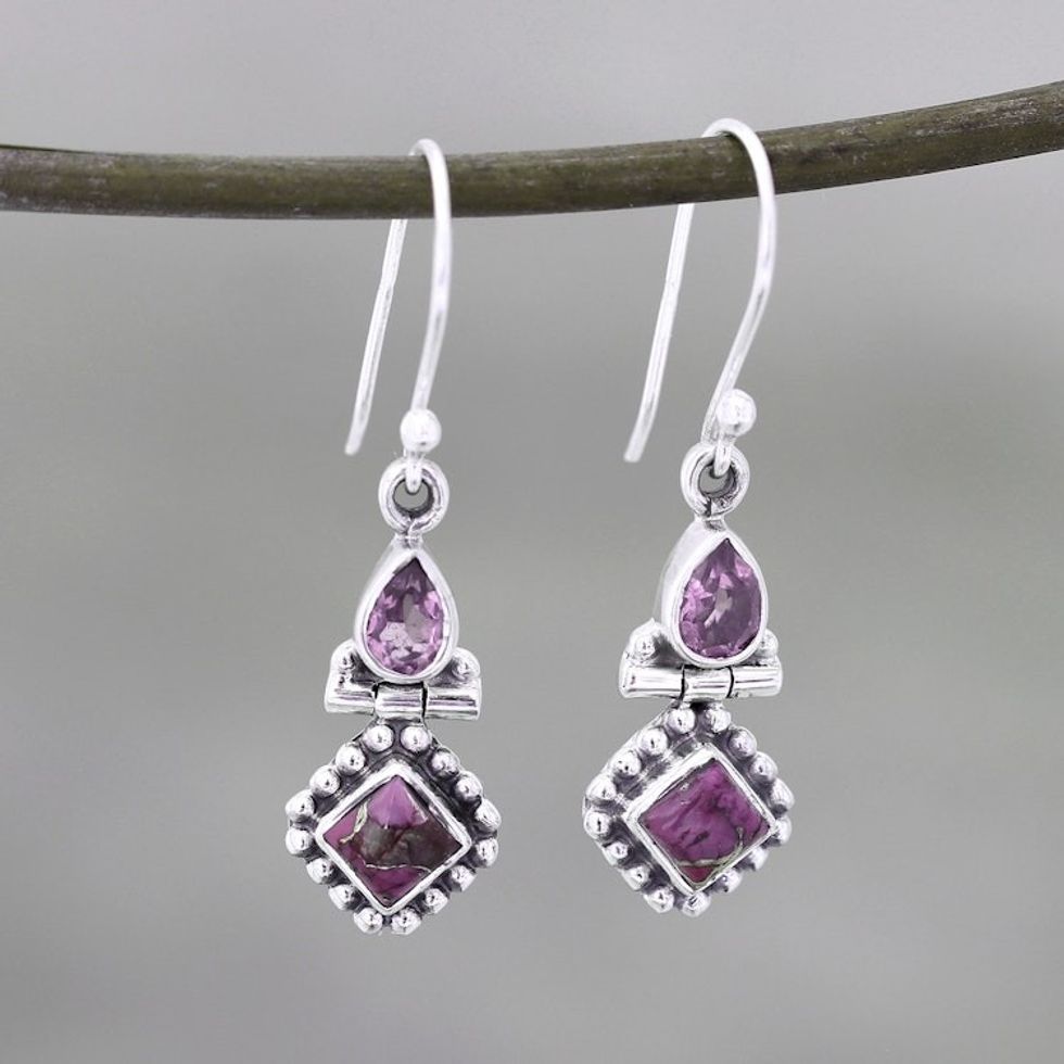 Amethyst and Composite Turquoise Dangle Earrings from India 'Teardrop Delight'