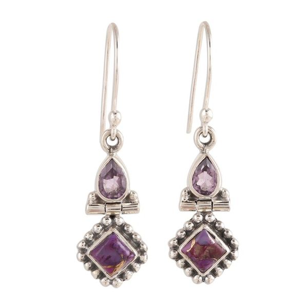 Alternate image for Amethyst and Composite Turquoise Dangle Earrings from India Teardrop Delight
