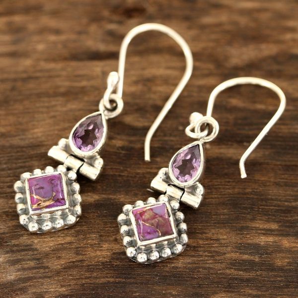 Alternate image for Amethyst and Composite Turquoise Dangle Earrings from India Teardrop Delight