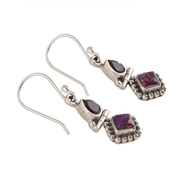 Alternate image for Amethyst and Composite Turquoise Dangle Earrings from India Teardrop Delight