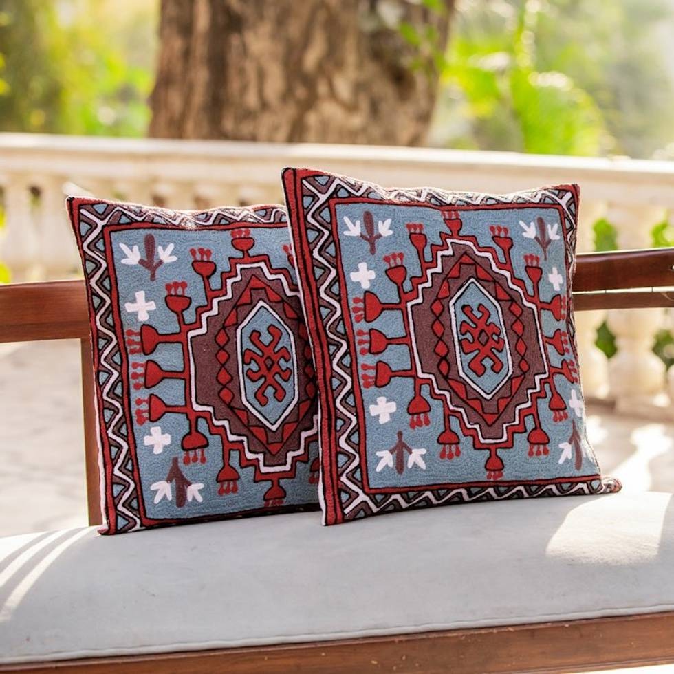 Multicolored Chain Stitched Cotton Cushion Covers Pair 'Royal Fountain'