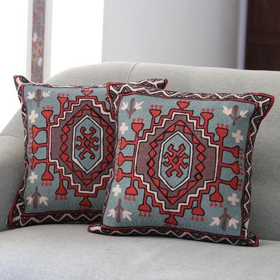 Alternate image for Multicolored Chain Stitched Cotton Cushion Covers Pair Royal Fountain